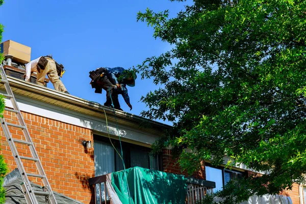 Roofer Nailing Shingles Air Gun Replacing Roof Cover Protection Being — Stock Photo, Image