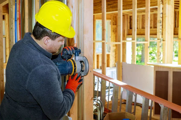 Charpentier Usiné Avec Routeur Travail Bois Dans Une Fabrication Meubles — Photo