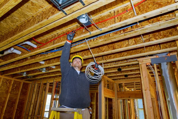 Working Process Electrical Wires Installing Electrical Cable Wire New House — Stock Photo, Image