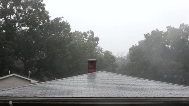 Fuertes lluvias tropicales caen en el techo de una casa. — Vídeos de Stock