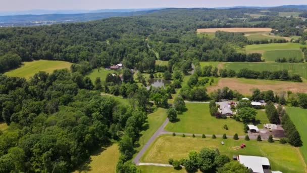 Gård åkrar ängarna grönt fält från en stor höjd på sommaren med skog Pocono Pennsylvania USA — Stockvideo