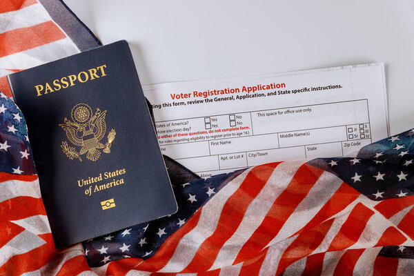 United States passport of American vote registration form for presidential election with flag