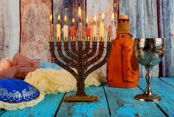 Joodse Vakantie Vakantie Symbool Chanoeka Helder Gloeiende Chanoeka Menorah Zachte — Stockfoto