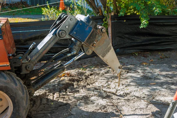 Small Tractor Digging Ground Lay Water Pipe Irrigation System — Stock Photo, Image