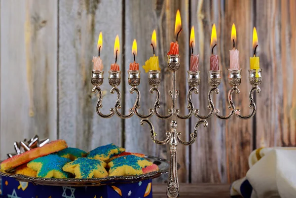 Jewish holiday, Holiday symbol Hanukkah Brightly Glowing Hanukkah Menorah soft focus