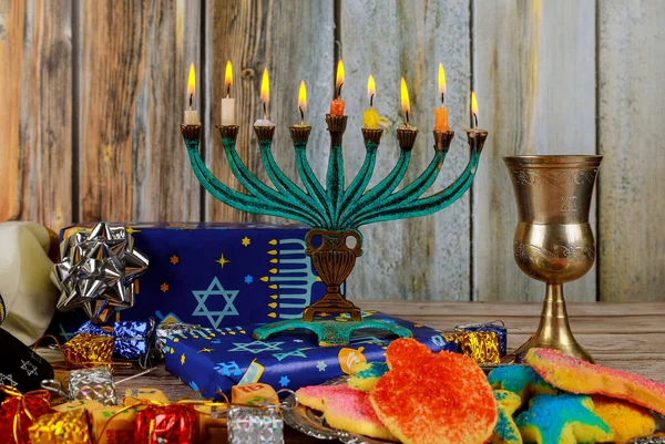 Yahudi Tatil Sembolü Davut Yıldızı Hanukkah Menorah Hanuka Yahudi Işık — Stok fotoğraf