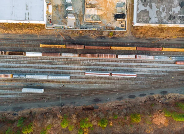 Many Wagons Trains Aerial View Containers Railway Station Sump — Stock Photo, Image