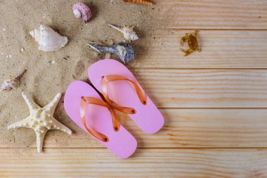 Deniz kabukları, deniz yıldızları, parmak arası terlikler ve plajda dinlenme süresince seyahat etmek.