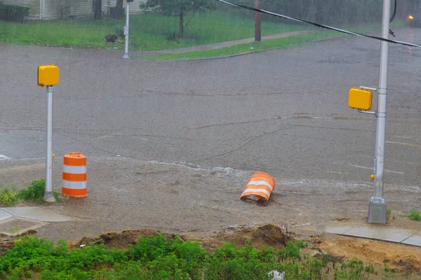 Residential City Street Downpour Street Floodedheavy Rain — Stock Photo, Image