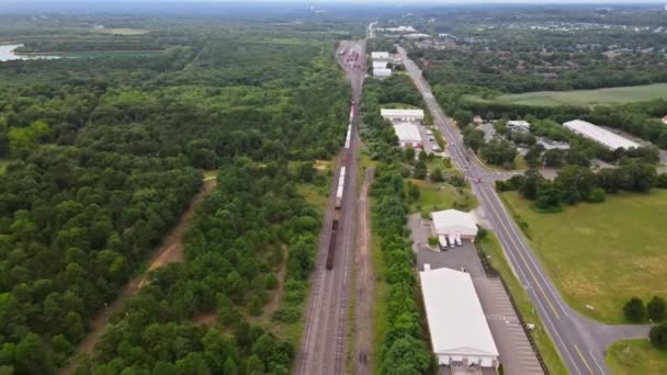 Aerial drone veiw of colorful trees and train on the railway amazing forest birds eye — Stock Video