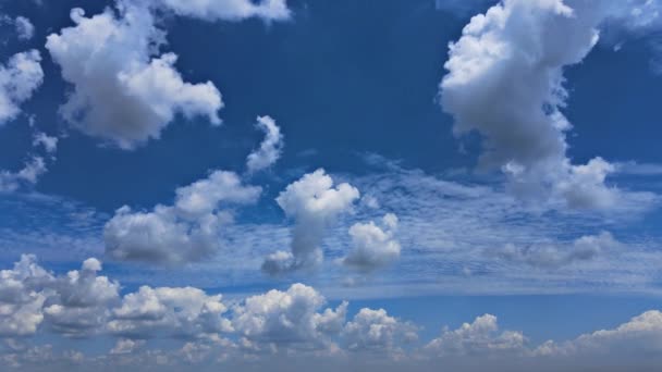 Дивовижний проміжок часу м'яких білих хмар, що рухаються через красиві товсті пухнасті хмари повільно на ясному блакитному небі денного світла — стокове відео