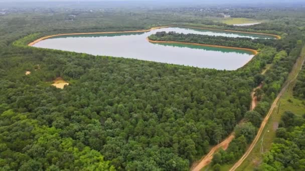 Flygfoto över dammen på en solig sommardag skog panorama — Stockvideo