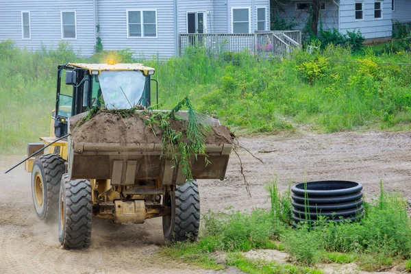 Bulldozer Earthmoving Leveling Moving Soil Landscaping Works Using Scoop — Stock Photo, Image