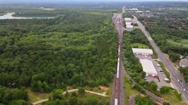 Aerial drone veiw de árboles coloridos y tren en el increíble bosque ferroviario de estanque en un día soleado de verano — Vídeos de Stock