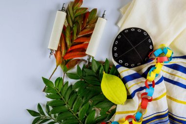 Dindar sarı sitron etrog, Yahudi bayramından kalma kippah ve tallit dua kitabı türleri ile lulav yaprağı.