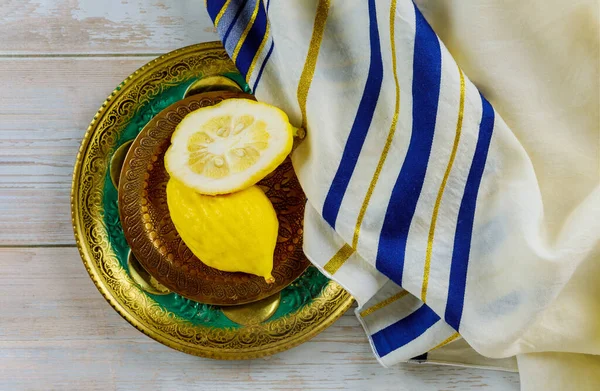 Jüdische Religiöse Symbole Festival Von Sukkot Etrog Und Tallit — Stockfoto