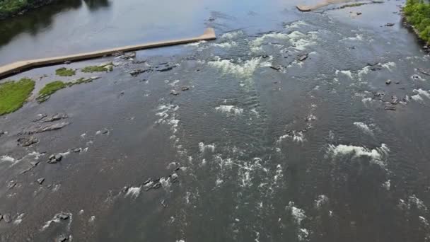 Malerischer Blick auf den Fluss Delaware kleiner Wasserfall Blick vertikal aus großer Höhe in Pennsylvania, USA — Stockvideo