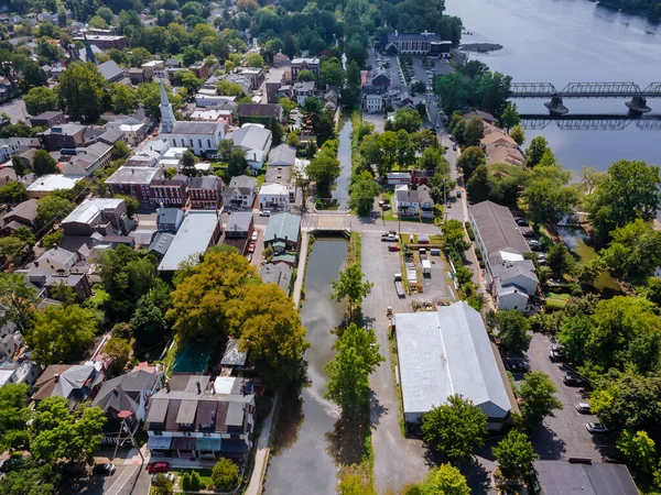 Overhead view of Delaware river aerial landscape of small town Lambertville New Jersey with historic city New Hope Pennsylvania US