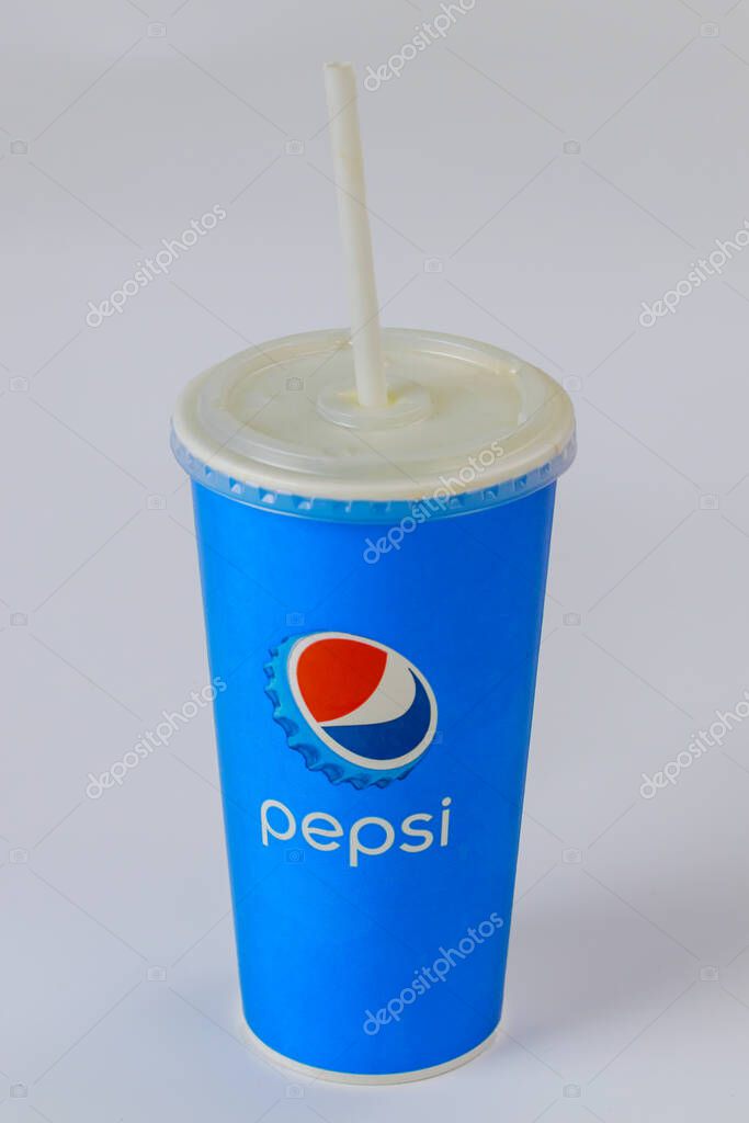 CLEWELAND OH US 15 SEPTEMBER 2020: Pepsi paper cup with Pepsi logo is a world famous carbonated soft drink, Illustrative editorial