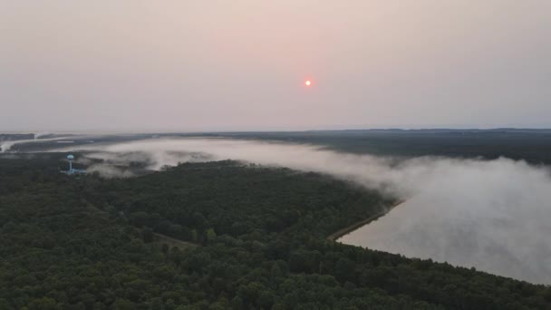 Paesaggio della foresta aerea in volo un drone sul lago il mattino nebbioso — Video Stock