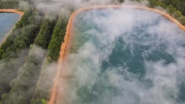 Ochtendmist over het meer vanuit de lucht zicht op mist landschap in het bos — Stockvideo