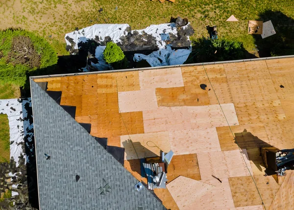 Roofer Nailing Shingles Air Gun Replacing Roof Cover Protection Being — Stock Photo, Image