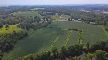 Çayırların üzerinden uçarken yazın yüksek bir yükseklikten yeşil arazide inanılmaz bir tarımsal manzara.