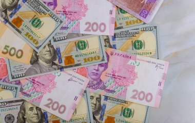 Çok paralı para dolarları ve Hryvnia, yakın plan konsept finans yatırımı