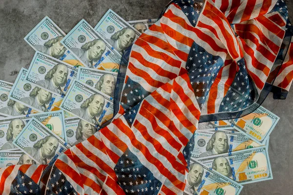 Usa Ekonomisk Top View Amerikansk Flagga Amerikanska Dollar Bakgrund — Stockfoto