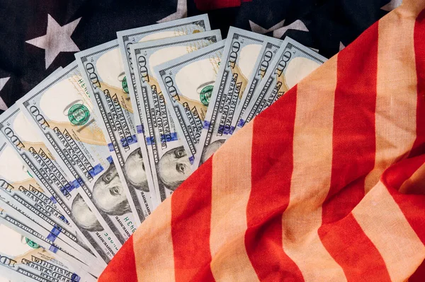 Amerikanische Flagge Und Banknoten 100 Dollar Schein Finanzsektor — Stockfoto