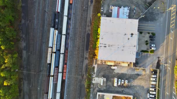 Blick über die Eisenbahnstraße im Wald mit bunten Bäumen mit Straßenautos in der Landschaft Herbstwald — Stockvideo