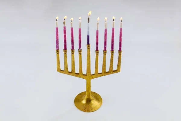 Menorah Hanukkah Med Brinnande Ljus Judisk Semester För Traditionell Symbol — Stockfoto