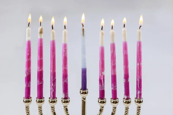 Velas Menorah Hanukkah Com Feriado Judaico Tradicional Candelabro Com Velas — Fotografia de Stock