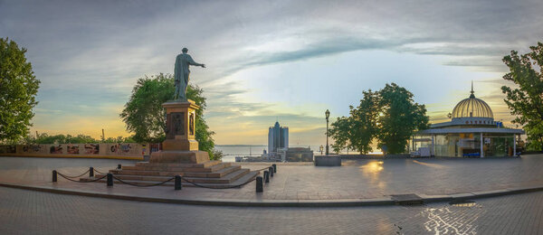 Giant staircase and Monument to Duc de Richelieu on Primorsky Boulevard in the city of Odessa, Ukraine. Panoramic view in a summer morning