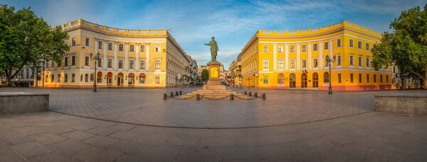 ODESSA, UKRAINE - 05.16.2018. Giant staircase and Monument to Duc de Richelieu on Primorsky Boulevard in the city of Odessa, Ukraine. Panoramic view in a summer morning