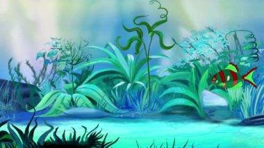 Bir küçük kırmızı-yeşil akvaryum balık bir akvaryumda yüzen. El yapımı animasyon, ilmekledi hareket grafik.