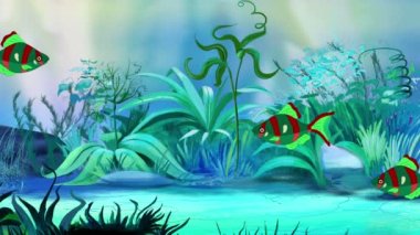 Küçük kırmızı-yeşil Akvaryum/süs balıkları bir akvaryumda yüzen. El yapımı animasyon, ilmekledi hareket grafik.