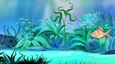 Bir küçük gül-sarı bir akvaryum akvaryum balık yüzen çizgili. El yapımı animasyon, ilmekledi hareket grafik.