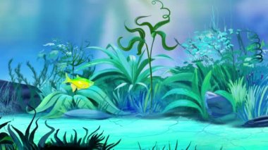 One Small green-yellow aquarium fish floats in an aquarium. Handmade animation,  looped motion graphic.