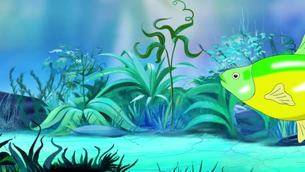 Зелено Желтый Аквариум Рыба Плавает Аквариуме Ручная Анимация Петельная Графика — стоковое видео