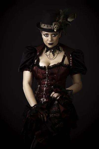 Emotional Portrait Young Woman Steampunk Retro Style Studio Shot Model — Stock Photo, Image