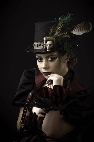 Retrato Emocional Mujer Joven Estilo Steampunk Retro Grabado Estudio Modelo —  Fotos de Stock