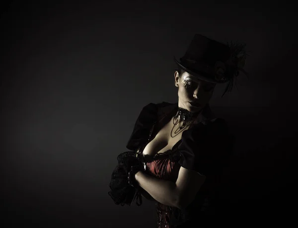 Retrato Emocional Jovem Mulher Estilo Steampunk Retro Tiro Estúdio Modelo — Fotografia de Stock