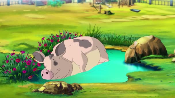 Petit Cochon Rose Court Près Une Grande Flaque Eau Dans — Video
