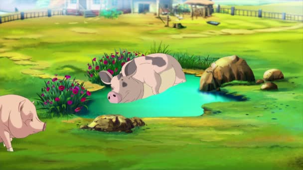 Big Pink Pig Dormire Una Pozzanghera Una Giornata Estiva Animazione — Video Stock