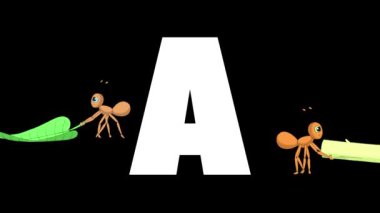Animasyonlu zoolojik İngiliz alfabesi. Alfa mat hareket grafiği. A harfinin arka planında Karikatür Karınca