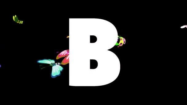 アニメーション動物学英語アルファベット アルファマットモーショングラフィック 文字Bの背景に漫画の蝶 — ストック動画