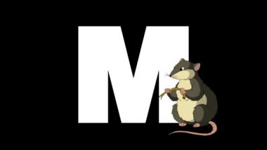 Animasyonlu zoolojik İngiliz alfabesi. Alfa mat hareket grafiği. M harfinin ön planda karikatür faresi