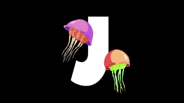 Animowany Zoologiczny Alfabet Angielski Alpha Matte Motion Graficzny Cartoon Jellyfish — Wideo stockowe