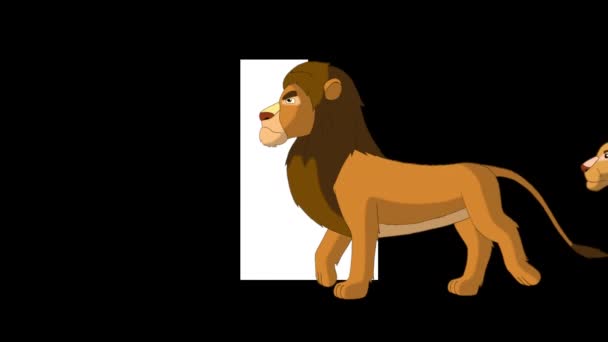 アニメーション動物学英語アルファベット アルファマットモーショングラフィック 文字Lの前景に漫画のライオン — ストック動画